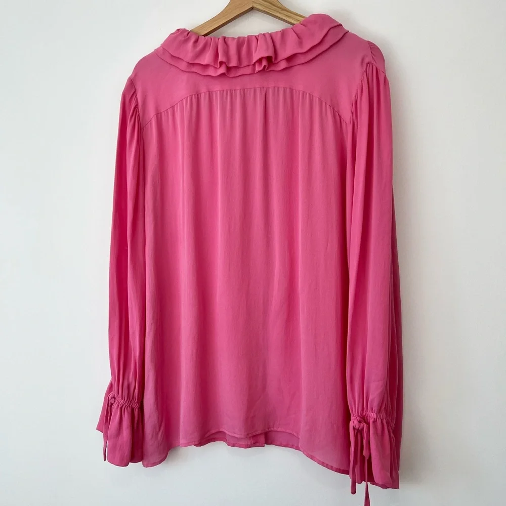 Etro Pink 100% Silk Ruffled Neckline Oversized Button Up Tie Blouse UK L - Picture 15 of 15